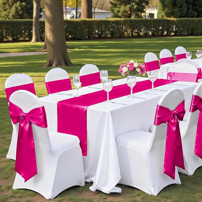 MDS Satin Chair Sashes, 25 Pack, 7”x108” Each, Decorative Chair Bows Ribbon Tie Backs for Wedding Party, Holiday Dinner, Birthday, Reception, Banquet, Hotel & Event Decoration - Magenta