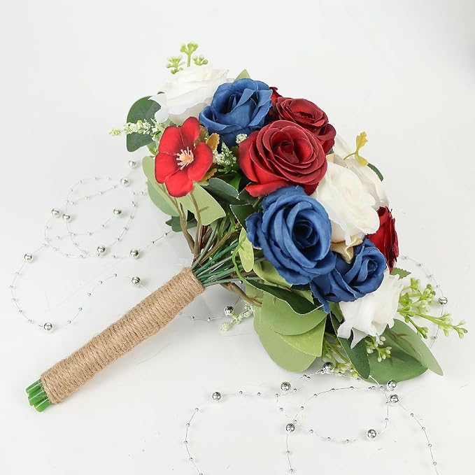 Set of 6 Bridesmaid Bouquets for Wedding - 7 Inch Artificial Ivory Flower Bouquet for Party Ceremony Anniversary Dinning Table Centerpieces Decor - Red & Blue & White