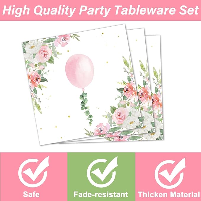 96Pcs Oh Girl Watercolor Pink Balloon Party Supplies Greenery Girl Baby Shower Tableware Set Pink Flower Party Favor Birthday Baby Shower Parties Plates and Napkins Table Decorations for 24 Guests