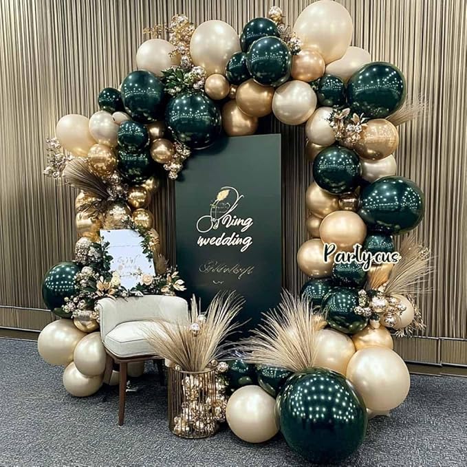 Emerald Green Gold Balloon Arch Kit, Double Stuffed Dark Forest Green Pearl White Sand Ivory Balloon Garland for Birthday Wedding Anniversary Graduation Jungle Mother's Day New Year Party Decoration