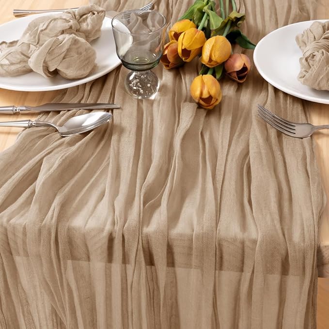 MLMC 8 Pack Nude Cheesecloth Table Runner Boho Rustic Gauze Taupe Cheese Cloth Table Runner 10ft Neutral Home Decor 35x120 Inches for Reception Wedding Bridal Shower Picnic Decor
