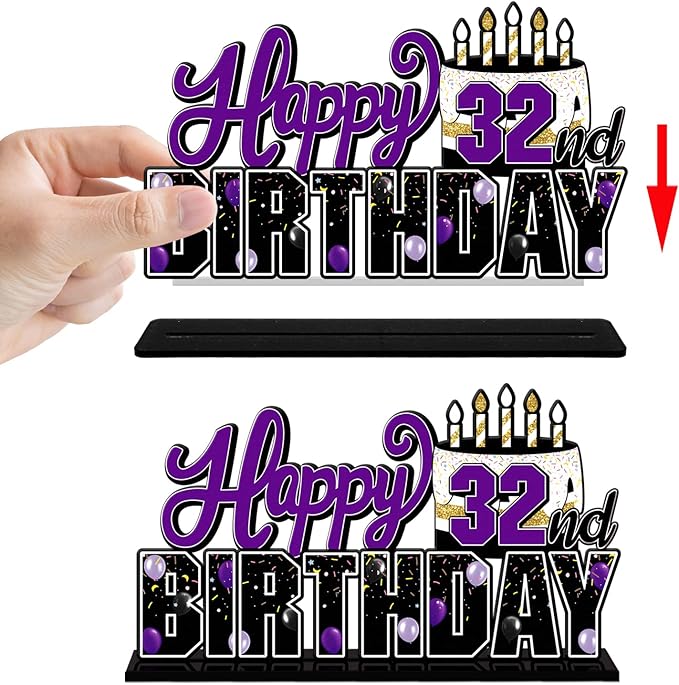 LINGTEER Happy 32nd Birthday Purple Acrylic Table Topper Centerpieces Set - Cheers to 32 Years Old Birthday 32nd Bday Party Gift Decorations.