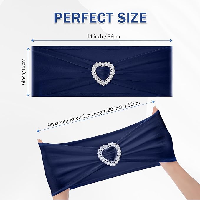 Howhic Pack of 60 Spandex Chair Sashes Bows Stretch Chair Cover Band with Buckle Slider Universal Elastic Chair Ties for Wedding Banquet Party Event Decoration (Navy)