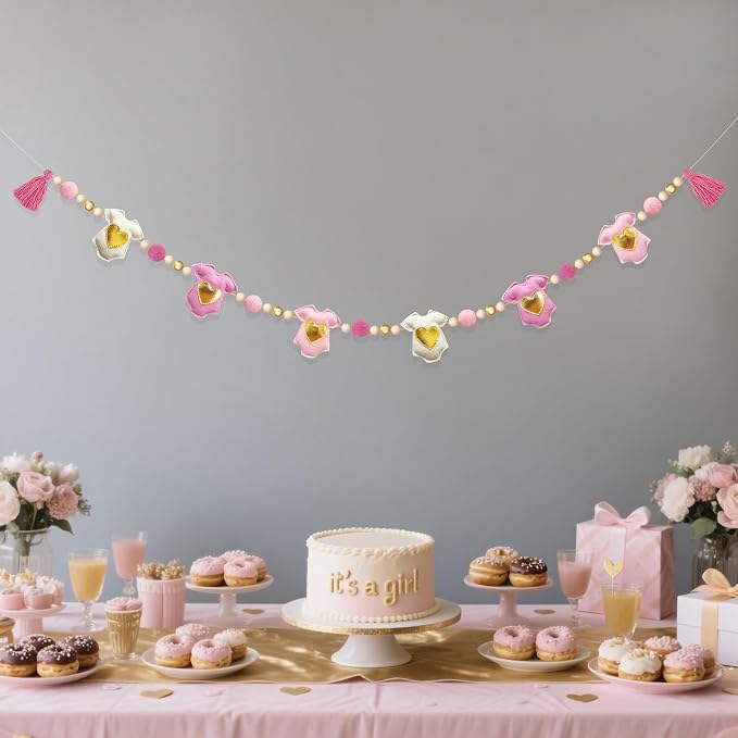 Gold and Pink Baby Clothes Decorations Handmade Pre-Strung Felt Baby Clothes Wooden Bead Wool Felt Ball Garland Banner for It's a Girl Sweet Girl Baby Shower Party Nursery Fireplace Home Wall Decor