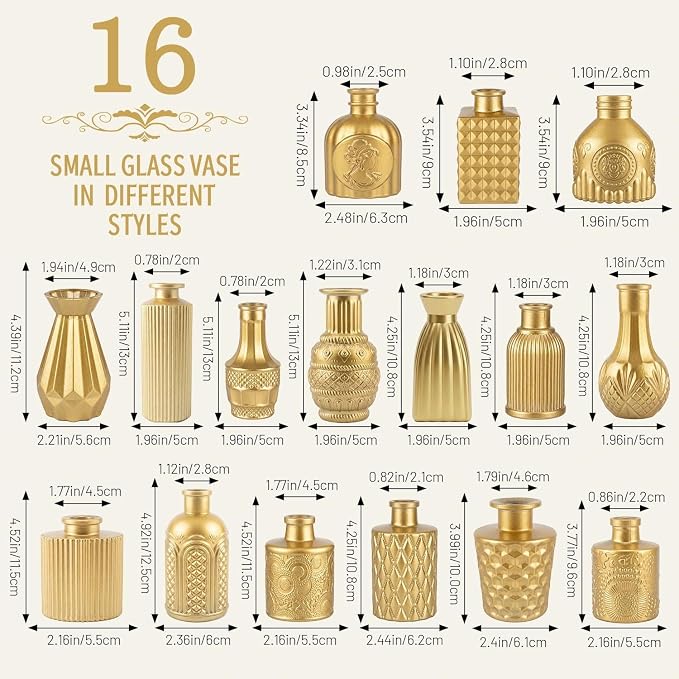 32 PCS Assorted Vintage Bud Vases, Colorful Glass Small Vases Bulk, for Centerpicecs, Wedding Table Decor, Home Decorations & Gifts (Gold Seiris)