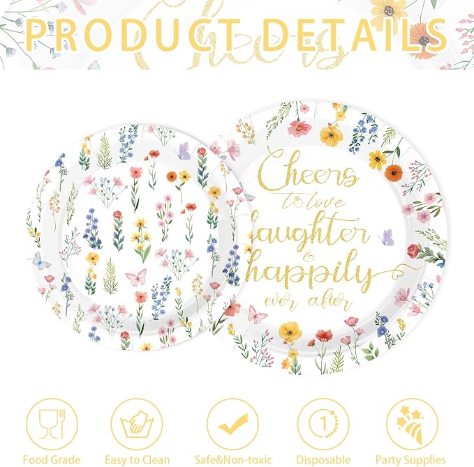 250Pcs Wildflower Bridal Shower Decorations Love in Bloom Plates and Napkins Cheer to Love Laughter Happily Ever Decoration for Engagement Wedding Shower Bachelorette Dinner Party Supplies Serve 50
