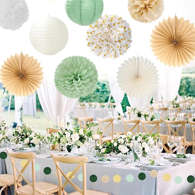 Sage-Green White Bridal-Shower Bachelorette Party-Decorations - 22pcs Gold Bride To Be Banner, Paper Lanterns Streamers, Tissue Pom Poms Flowers Fans Wedding Camp Theme Decor Backdrop Hugmoon