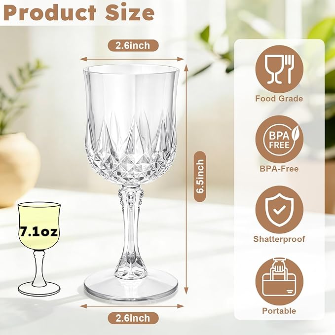 Plastic Wine Glasses, Disposable Plastic Goblets 7.1oz for Wedding Party Holiday, Unbreakable Wine Cups with Stem Vintage for Champagne Juice Cocktail (48pcs Transparent)