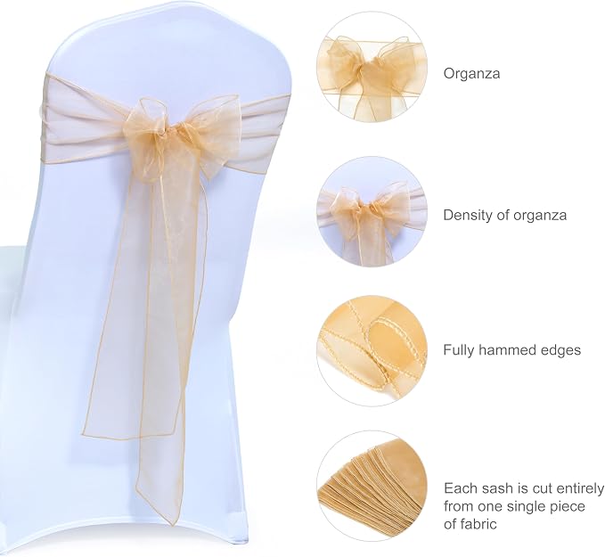 MDS® Pack of 250 Organza Chair Sashes for Wedding Decoration, Reusable Sheer Chair Bows for Banquet Chair Cover, Reception, Bridal Shower, Baby Shower, Birthday Party & Special Events - Champagne Gold