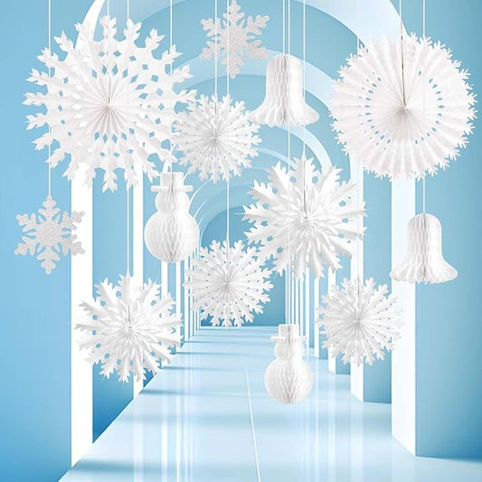 PAPER JAZZ 13 PCS Christmas Snowflake Decorations,White Paper Snowflake Hanging Ornaments,Christmas Honeycomb Decorations with Paper Fan/Garland/Snowman for Ceiling/Wall,Winter Wonderland,Winter Decor