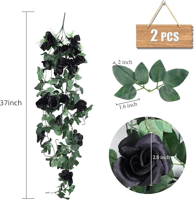 RECUTMS Artificial Black Rose Hanging Flowers Plants, 2PCS 37 Inches Fake Floral Halloween Garlands for Home Front Porch Garden Wedding Backdrop Wall Hanging Victorian Indoor Outdoor Party Decor