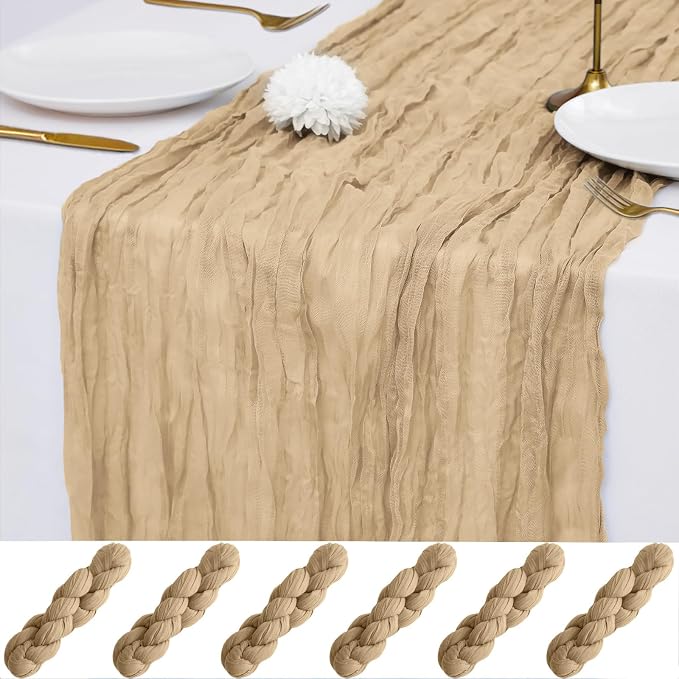 6 Pack Beige Cheesecloth Table Runner 21x120 Inches, Boho Gauze Rustic Semi Sheer Cheese Cloth Table Runners for Easter Wedding Bridal Baby Shower, Birthday Party, Long Farmhouse Table Decor
