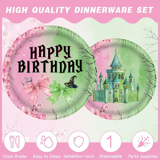 140pcs Pink and Green Witch Party Decorations Tableware, Witch Table Centerpieces Party Supplies, Tableware Set Paper Cups for Girls Birthday Party Decorations Severs 20 Guests