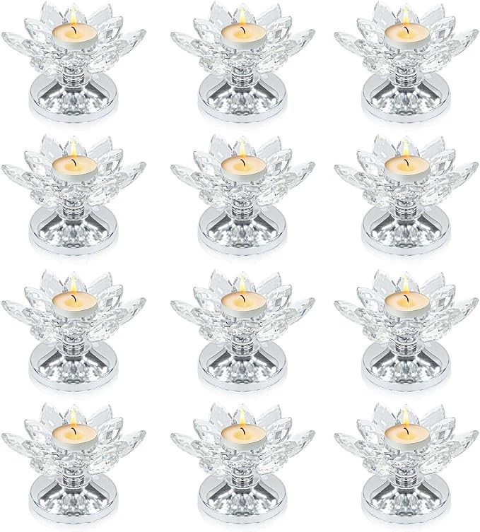 12 PCS Silver Crystal Flower Tea Light Holder, Bulk Glass Tealight Candlestick with Metal Base, Votive Candle for Table Centerpiece, Wedding,Parties Decor, Nice Gift