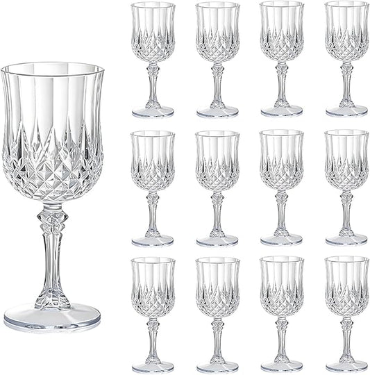 CHLJAR 7oz Plastic Vintage Drinking Glasses Wine Glasses Vintage Champagne Flutes Unbreakable Wedding Glassware Crystal Water Goblets Reusable Drinkware (Clear, 12 PCS)