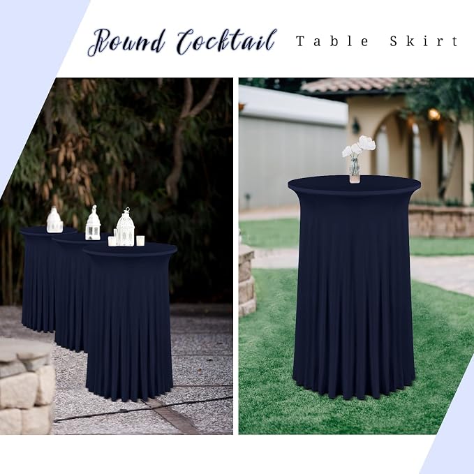 fani 6 Packs 32"x 43" Round Cocktail Table Skirt, Spandex Fitted High Top Table Skirt, Spandex Stretch Cocktail Tablecloth for Wedding Party Bar Banquet Birthday Tables(Navy Blue)