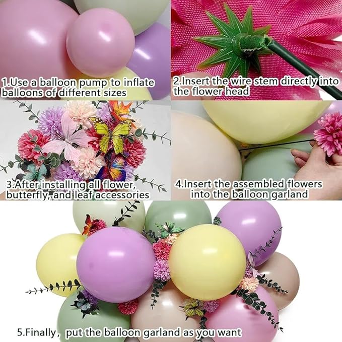 Green Pink Purple Balloon Arch Double Stuffed Pink Yellow Sand White Balloon Garland with Bionic Flower Leaf Butterfly Stickers for Spring Birthday Garden Wildflower Baby Shower Easter Party Decor