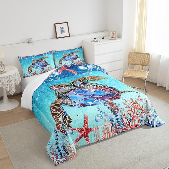 Feelyou Sea Turtle Comforter Set Twin Size Kids Starfish Comforter for Boys Girls Teens Ocean Themed Bedding Set Sea Underwater World Duvet Set Marine Life Sealife Quilt