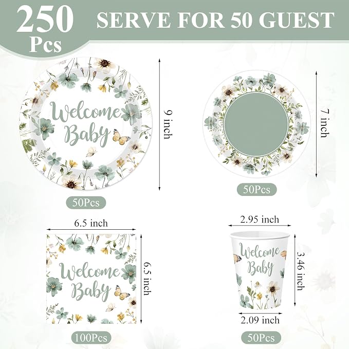 Pickmesh 250 Pcs Sage Green Floral Baby Shower Party Supplies Decorations Serve 50 Wildflower Welcome Baby Disposable Paper Plates Napkins and Cups for Birthday Babies Boy Shower Gender Reveal Party