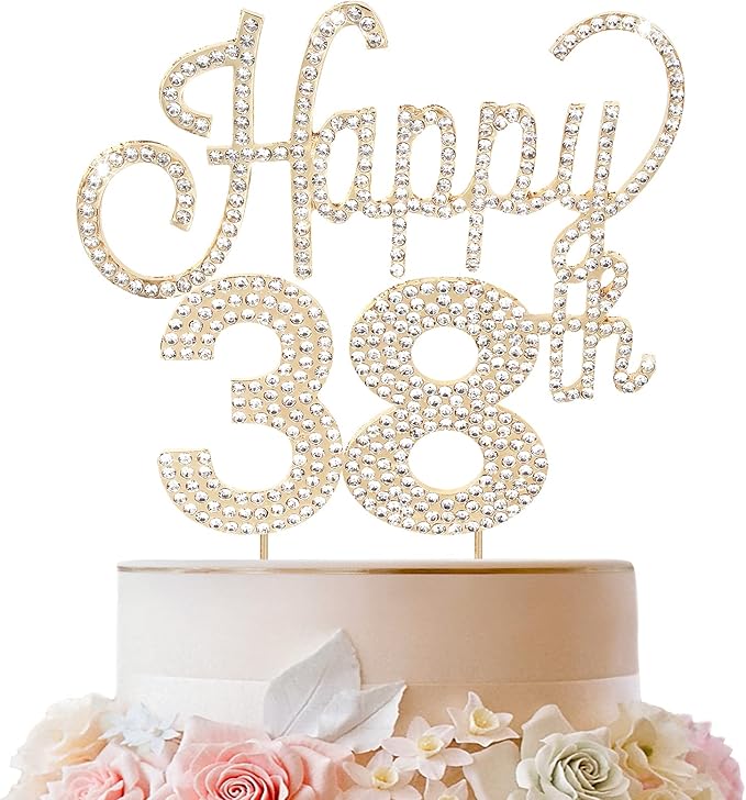 LINGTEER Happy 38th Birthday Gold Rhinestone Cake Topper - Cheers to 38th Birthday 38 Years Old Anniversary Party Cake Centerpieces Topper Decorations Gift Sign.