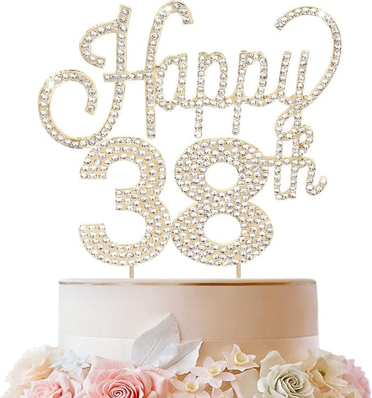 LINGTEER Happy 38th Birthday Gold Rhinestone Cake Topper - Cheers to 38th Birthday 38 Years Old Anniversary Party Cake Centerpieces Topper Decorations Gift Sign.