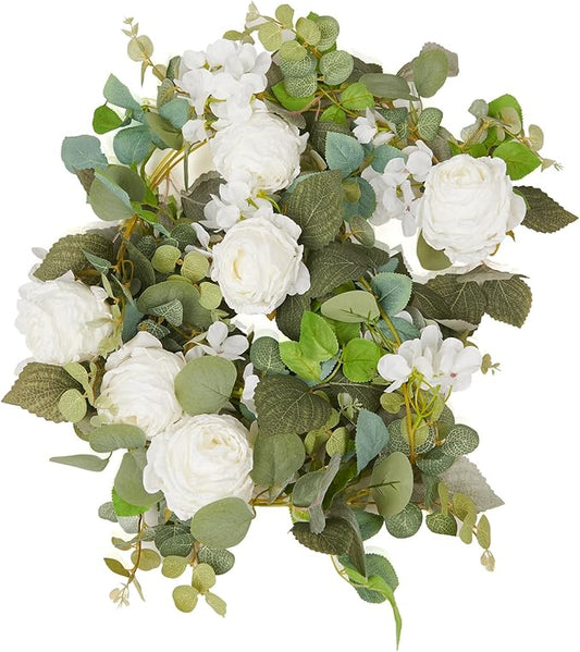 PONKING Flower Garland Artificial Rose & Hydrangea Vine Hanging Fake Flowers Vines for Wedding Birthday Party Valentines Christmas Room Wall Arch Decor, 1 Rose & 1 Hydrangea White Floral Garland