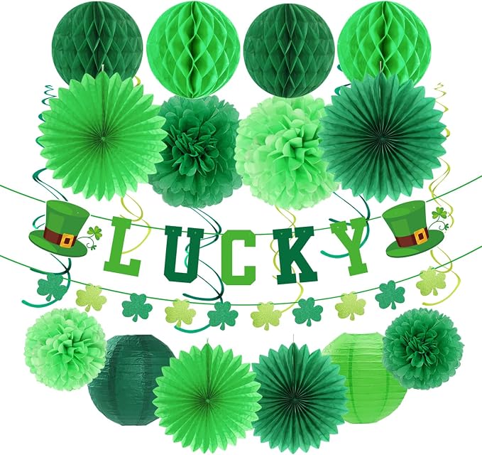 St-Patricks Day Decorations Saint-Patrick's Party Decor - 22pcs Lucky Banner,Green Shamrock Garland Paper Lanterns, Tissue Pom Poms Honeycomb Balls Flowers Fans Favors Supplies Hugmoon