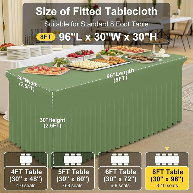 Smiry Spandex Tablecloth 2 Pack, Elastic Fitted Stretch Tablecloth for 8FT Rectangle Tables, Waterproof Washable Table Cover Skirt for Wedding, Banquet & Parties (Sage Green, 96Lx30Wx30H Inch)