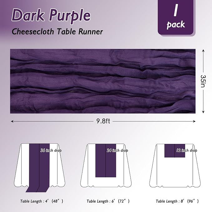3 Pack Dark Purple Cheesecloth Table Runner 120 Inch 10FT Cheese Cloth Fabric Runners for Baby Shower, Banquet, Theme Party, Wedding Decoration