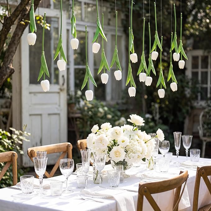 24 Pack White 5 ft Artificial Tulips Hanging Flower Garland Decorations Spring Summer Dangling Faux Tulip Floral Vine Strings with Hooks for Wall Ceiling Wedding Tea Party