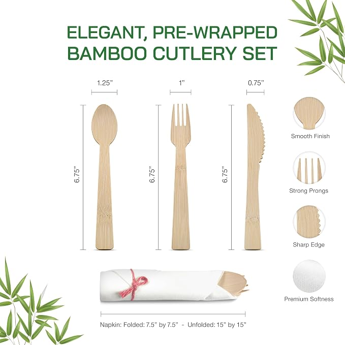 Prerolled Disposable Bamboo Cutlery Set – 150 Pack Pre Wrapped Silverware and Napkin Bundle with Forks, Knives, Spoons for Parties, Weddings, Events, and BBQ (Pink String)