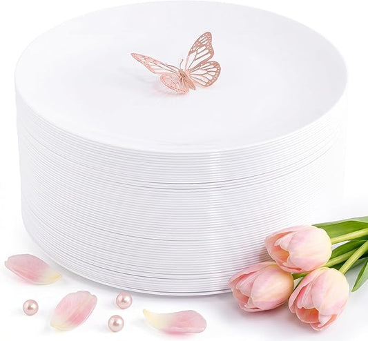 Hioasis 100pcs White Plastic Plates for Party - 7.5" Dinner Plates Disposable, Heavy -duty, Classy and Elegant for Wedding and Wedding