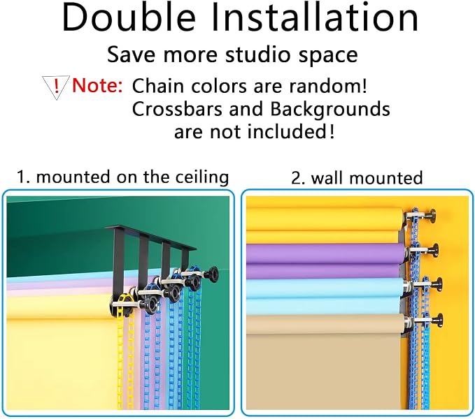 Photography Backdrop Wall Mount Roller System 4 Support Rollers, Manual Photo Background Ceiling Holder, Including 2 Four-fold Hooks, 8 Expand Bars, 4 Chains, for Home Studio Live Shooting