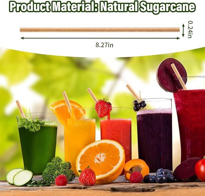 Potchen 500 Pcs Biodegradable Sugarcane Straws Disposable Drinking Smoothie Straws Bulk for Home Parties Restaurants (8 Inch)