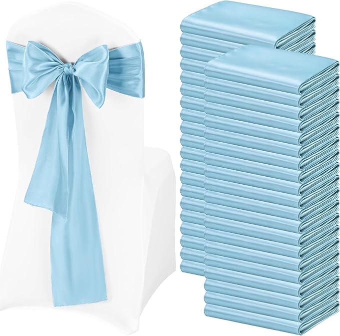 Pesonlook 120 PCS Light Blue Satin Chair Sashes Bows Satin Chair Sashes Universal Chair Cover for Wedding Reception Restaurant Event Decoration Banquet,Party,Hotel Event Decorations (7 x 108 inch)