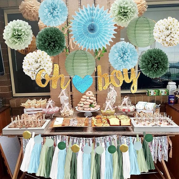 Sage Green and Blue Baby Shower Decorations Oh Boy Banner Sage Green Dusty Blue Tissue Paper Pom Poms Lanterns Paper Tassels Garland for Baby Boys Shower Party Decor