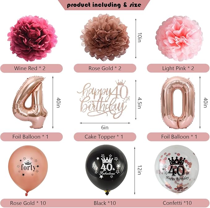 40th Birthday Decorations for Women, Black Rose Gold Happy 40 Years Old Decor for Her Include Sash and Crown, 30pcs Balloons Banner 40" Number Balloons, Backdrop Cake Topper & Paper Pom Poms