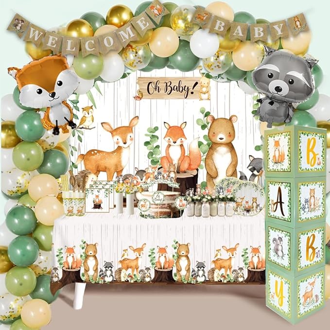 MEGA 257 Pc Woodland Baby Shower Decorations Boy & Girl Kit, Forest Animal Theme, Gender Neutral Baby Shower Decor, BABY boxes, Backdrop, Banner, Balloon Garland, Tablecloth, Plates Cups -20 Guests