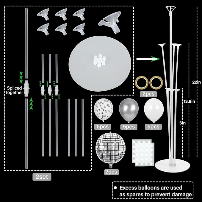 Disco Ball Party Balloons Stand Kit 2 Sets with 2 Silver 4D Discoball Foil Balloon Disco Ball Centerpiece for Tables 70s 80s 90s Dance Themed Birthday Graduation Decorations 2026 Prom Party Supplies
