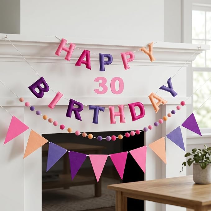 Pre-Strung Felt Happy Birthday Banner Decorations for Women Men | 3D Pink Birthday Party Decorations Sign with Replaceable Numbers 0-9,Multicolor Felt Ball & Triangle Flags Garland (Pink)