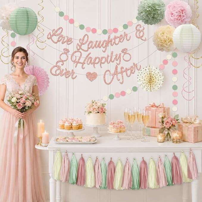 Bridal Shower Decorations,Sage Green Pink Bridal Shower Decorations Includes Love Laughter Happily Ever After Decorations Paper Flower Ball Wedding Decorations for Home Party Bachelorette Party