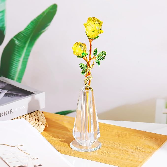 YWHL Handmade Yellow Rose Flower Crystal Figurine with Vase, Bouquet Glass Flowers Ornament Rose Gifts for Women Mom Wife, Crystal Flowers Home Decor for Anniversary Mother's Day Wedding