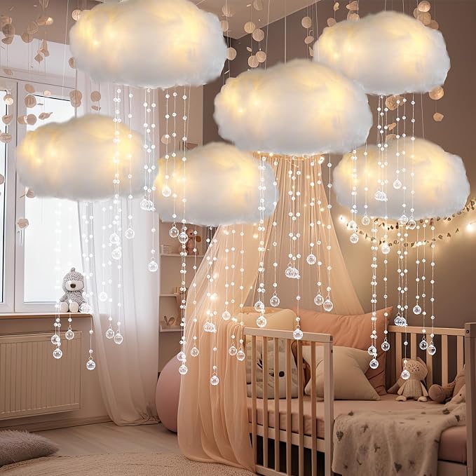 Marsui Artificial Cloud Props LED Hanging Cloud Light String Fake Imitation 3D Cotton Classroom School Decor Raindrop for Room Ceiling Baby Shower Party Wedding Nursery Classroom Wall DIY Decor(6 Pcs)