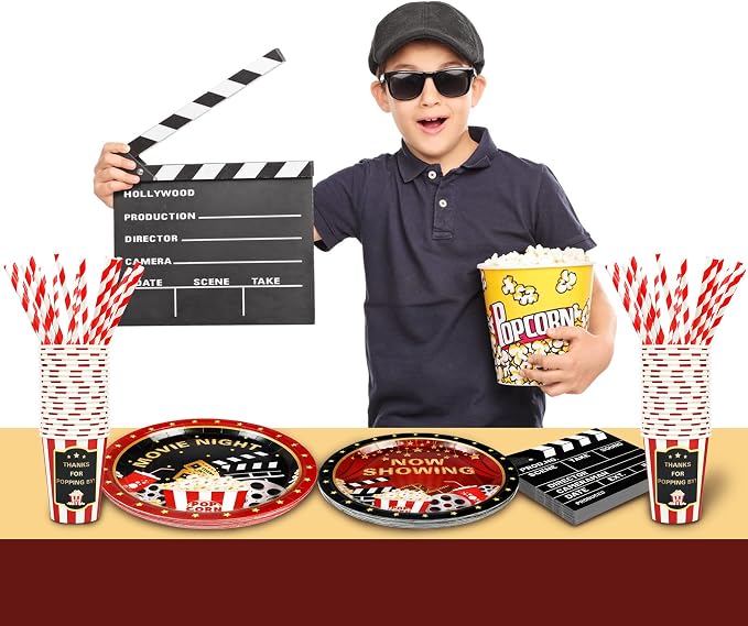 Recheel Movie Night Party Supplies Decorations, Movie Theme Birthday Paper Plates and Napkins Set with Cups and Straws for 24 Guests, 120 Pcs Disposable Party Snack Dinnerwares