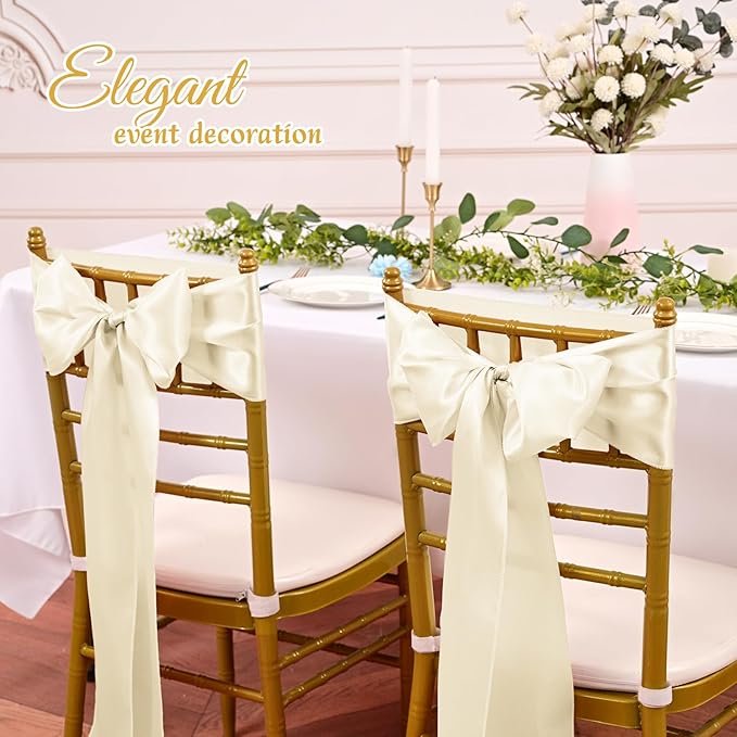 120 PCS Ivory Satin Chair Sashes, Ties Bows Designed Sashes for Washable Reusable Chair Covers Supplies for Wedding Reception Events Banquets Party Hotel Event Aisle Decorations (7 x 108 inch)