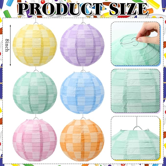 Retisee 12 Pcs Gingham Paper Lanterns Colorful Hanging Decorations 8 Inch Rainbow Checkerboard Ceiling Lanterns Back to School Classroom Decor for Birthday Party First Day of School Kindergarten