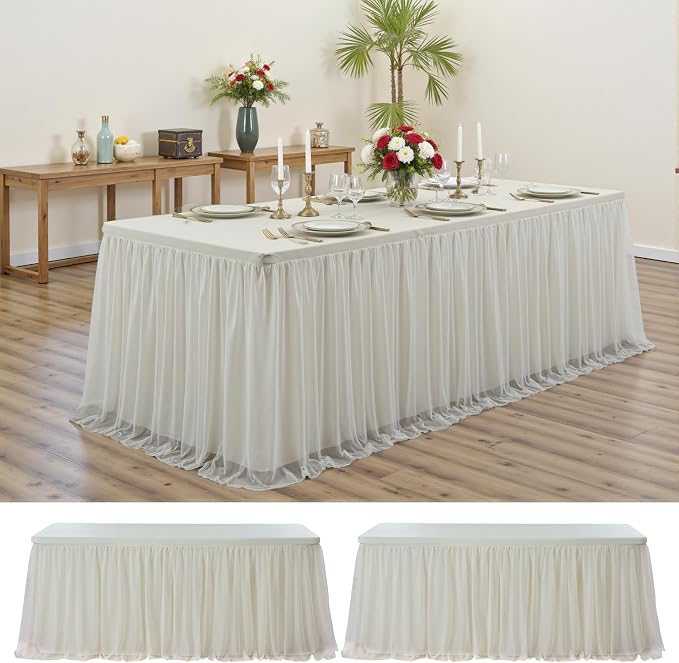 2-Pack Ivory Tulle Tablecloth for 8 Ft Rectangle Tables – Elastic Spandex Table Cover with Tutu Skirt, Wrinkle Free for Wedding, Birthday Party, Banquet Buffet, Craft fairs