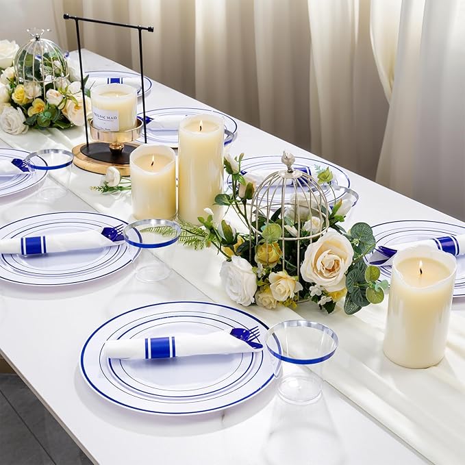 WELLIFE 700 Pcs Blue Plastic Plates for 100 Guests - Plastic Dinnerware Set,Party Supplies Includes 200 Blue Disposable Plates,300 Silverware,100 Napkins,100 Cups