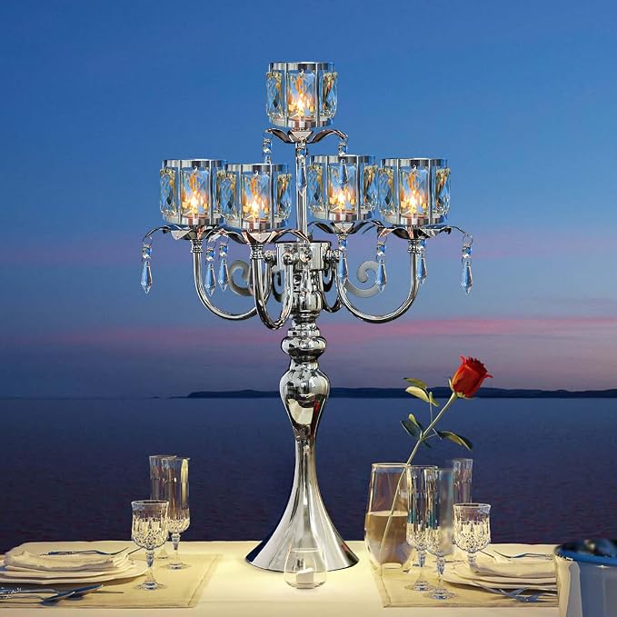 1PC Silver 5-Arm Crystal Pendant Metal Candle Holder with Square Crystal Bowl, 22-Inch Tall Wedding Table Centerpiece for Holiday Party Events, Christmas, Birthday Decorations