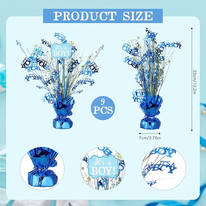 Wenqik 9 Pcs Baby Shower Foil Spray Centerpiece It's a Boy Table Centerpiece Gender Reveal Birthday Party Decors Metallic Table Decoration for Home Baby Shower Party Celebrations, Blue
